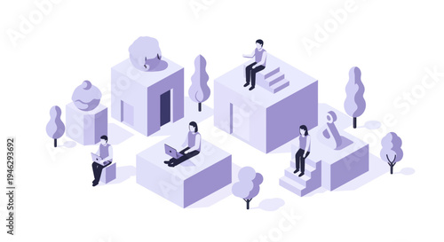 Isometric illustration of people interacting with abstract cube-shaped buildings and trees.