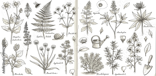 Botanical illustration of various plants, ferns, flowers, insects, and garden tools, presented in a vintage, hand-drawn style