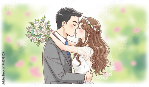 A romantic cartoon couple sharing a tender kiss in a beautiful garden