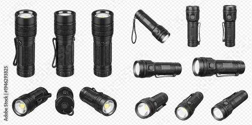 Set of black flashlights with light beams, showcasing various angles and designs of portable electric lamps.