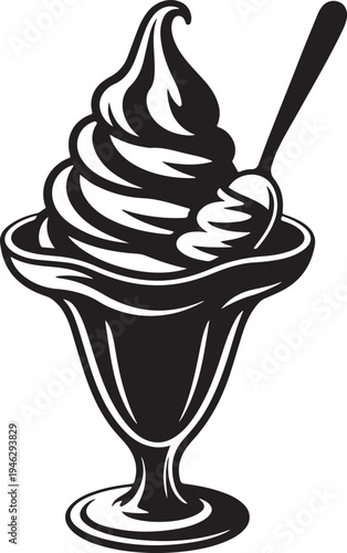 Black and white of ice cream sundae with spoon dessert 1