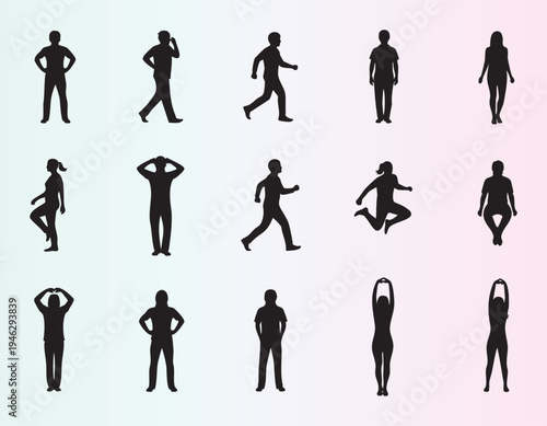Collection of human silhouette icons in various poses and activities
