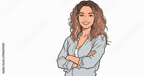 A woman with curly hair and a friendly smile stands with her arms crossed. She is dressed in a casual outfit and looks confident.
