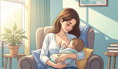 A mother breastfeeding her baby in a cozy living room setting