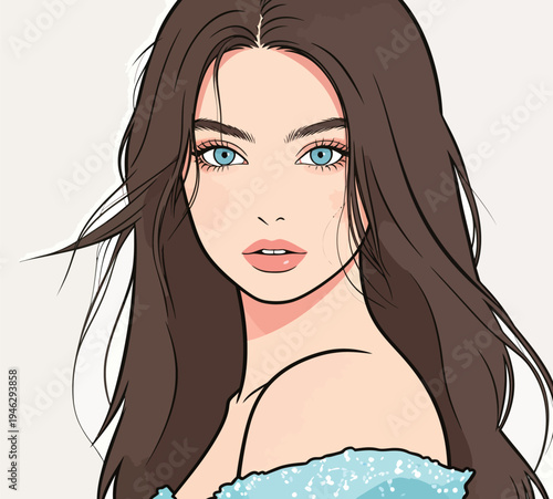 A young woman with blue eyes and long brown hair looks directly at the viewer. She wears a light blue outfit and displays a calm expression.