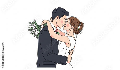 A romantic cartoon illustration of a wedding couple embracing and kissing