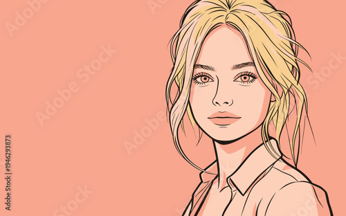 A woman with blonde hair looks directly at the viewer. She wears a light-colored shirt. The background is a warm, soft color.