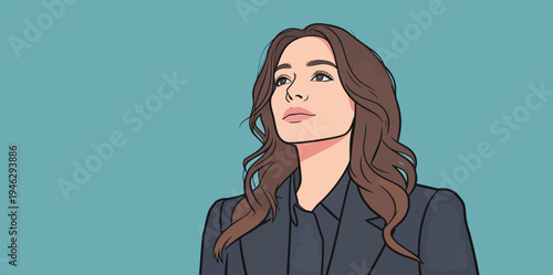 A woman with long hair gazes upward. She wears a dark outfit and stands against a blue background. The scene shows confidence and focus.