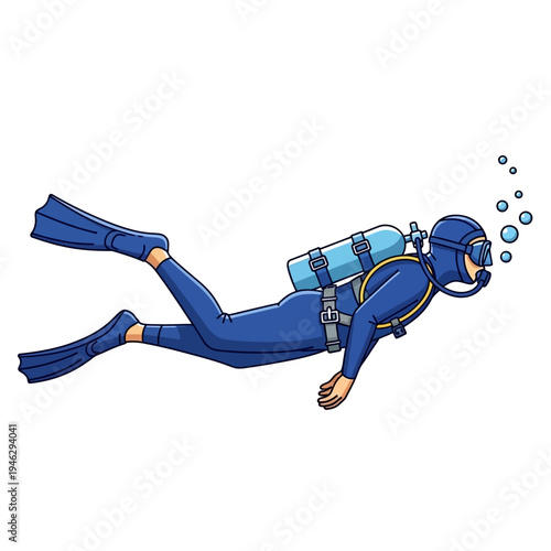 Scuba diver swimming underwater with bubbles, blue wetsuit, oxygen tank, fins