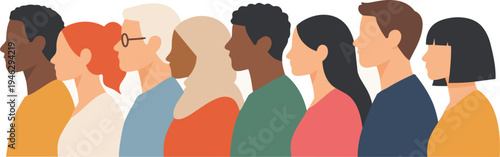 Flat vector illustration showing a diverse group of people from different ethnic backgrounds standing together in profile view.