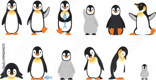 Cute Penguin Character Set Featuring Baby and Adult Penguins Standing, Walking, Waving, and Playing with Fish for Arctic Wildlife Cartoon Illustration.