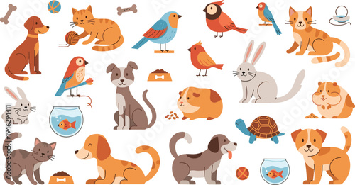 Cute Pet Animals Illustration Set Featuring Dogs, Cats, Rabbits, Birds, Hamsters, Turtles, and Aquarium Fish with Pet Care Accessories.