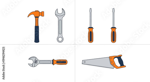Flat Vector Illustration of Essential Hand Tools Including Hammer, Wrench, Screwdrivers, and Saw for DIY and Repair Projects