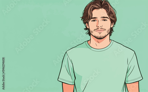 A young man poses with a relaxed expression in front of a light green background. His t-shirt is casual and he has medium-length hair.