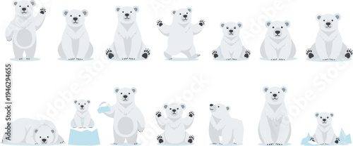 Cute Polar Bear Character Set Featuring Baby and Adult Bears Sitting, Standing, Waving, Sleeping, and Playing on Ice for Arctic Wildlife Illustration.
