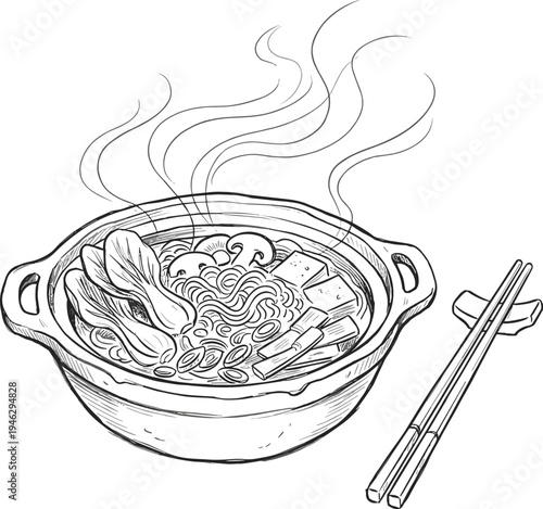 A steaming bowl of delicious ramen noodles with tofu, mushrooms, and bok choy, served with chopsticks, illustrated in a black and white sketch style