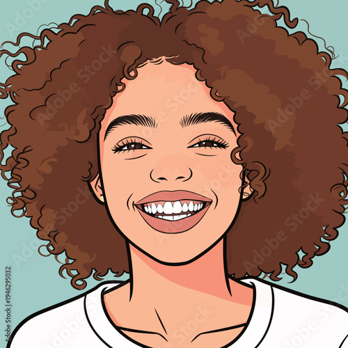 A girl with curly hair smiles widely. She stands in front of a light background. Her expression shows happiness and joy.