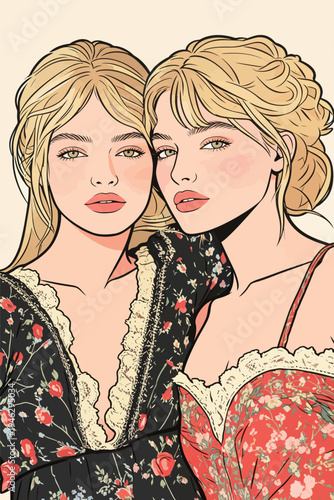 Two women stand side by side dressed in floral outfits. They look directly at the viewer with confident expressions.