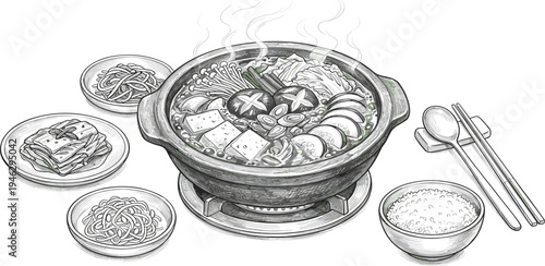 Delicious Korean hot pot dish served with rice and side dishes, steaming hot and ready to eat
