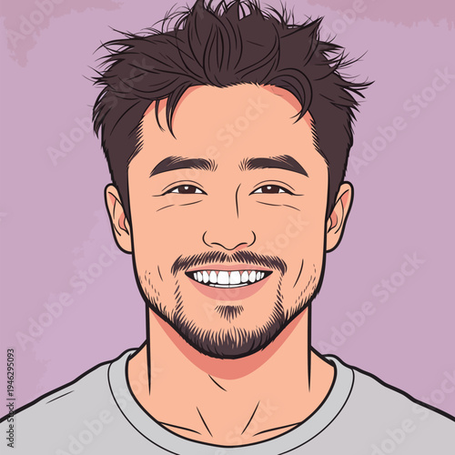 Man with short dark hair smiles at the viewer, standing against a plain light purple background in a casual setting.