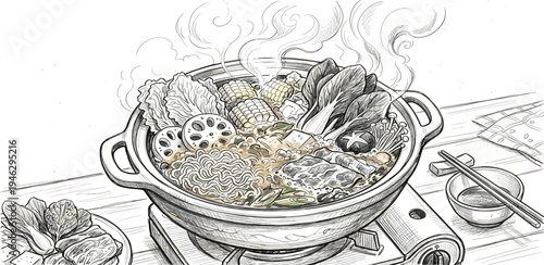 Monochrome sketch of a steaming Asian hot pot filled with fresh vegetables, meats, and noodles on a portable stove, illustrating a comforting traditional communal meal experience