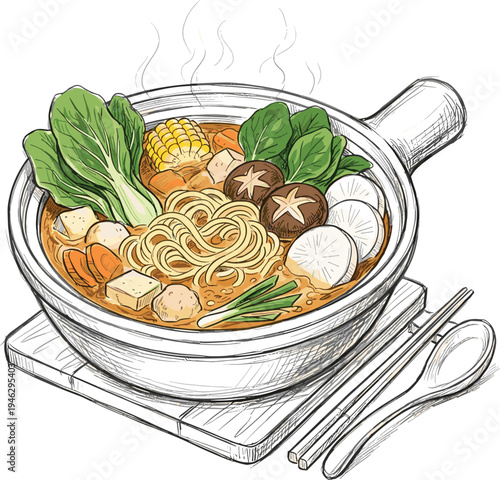A steaming hot pot brimming with noodles, vegetables, and mushrooms, a delicious and comforting meal