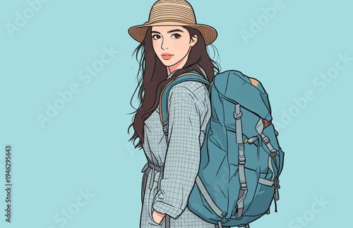 A young woman stands with a backpack on her back. She wears a hat and looks toward the viewer. The background is blue.