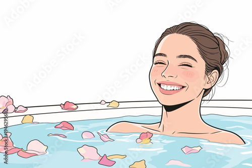A woman sits in a tub filled with water and flower petals, smiling happily while enjoying a moment of relaxation at home.