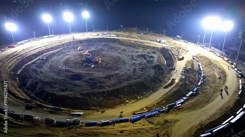 Nighttime Dirt Track Racing Spectacle Under Bright Stadium Lights.