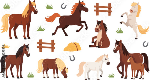 Horse Cartoon Illustration Set Featuring Farm Horses Running, Standing, Grazing, and Rearing with Fence, Hay Bale, and Horseshoe Elements.