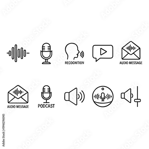 This collection of simple line icons represents audio, voice recognition, podcasting, and digital sound communication