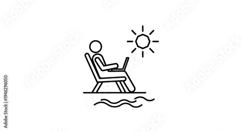 Digital Nomad Icon: Person Working on Laptop at the Beach in a Deck Chair Line Art
