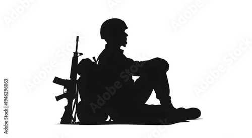 Silhouette of a Soldier Sitting with Rifle and Gear