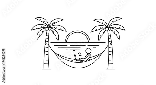 Digital Nomad Remote Work Concept Illustration with Freelancer in Hammock at Beach Sunset