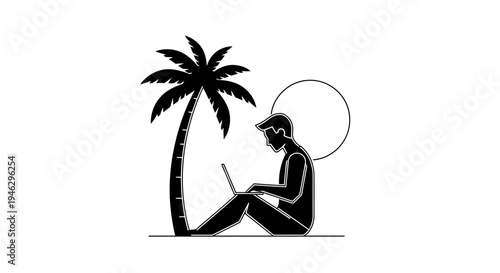 Digital Nomad Working on Laptop under Palm Tree Minimalist Silhouette Vector Illustration