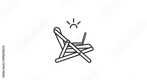 Remote Work and Digital Nomad Line Art Icon with Beach Chair, Laptop, and Sun