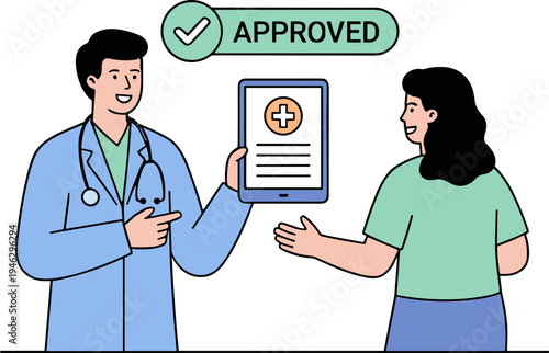 Doctor and patient discuss medical document on tablet in clinic