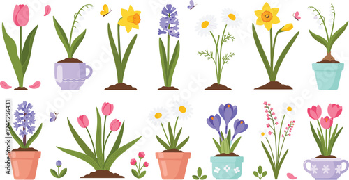 Spring Garden Flowers Illustration Set Featuring Tulips, Daffodils, Hyacinths, Daisies, Crocus, and Potted Floral Plants for Botanical and Seasonal Design.