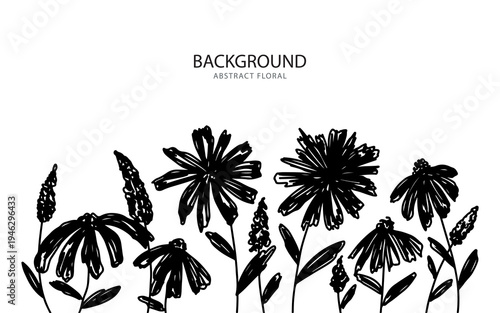 Hand-drawn black and white abstract floral background illustration with various wild flowers and plants.