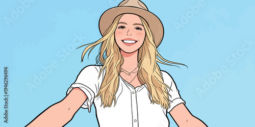 A person with long blonde hair smiles while wearing a hat. They stand with arms wide open, enjoying a clear blue sky.