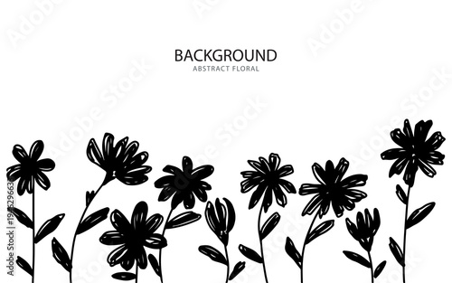 Minimalist black hand-drawn abstract floral background with simple doodle flowers on a clean white canvas.