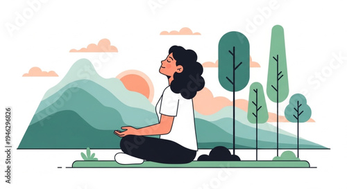 Calm meditation scene with female character practicing mindfulness in nature, mental health and relaxation concept illustration