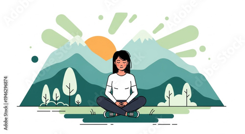 Woman meditating in nature with mountains at sunrise, mindfulness meditation and mental wellness lifestyle vector illustration