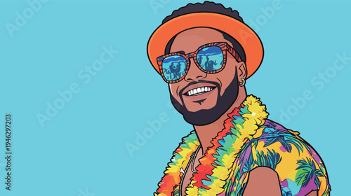 A man wearing a bright shirt and sunglasses poses with a smile. He is ready for a summer event. The background is blue and features a fun vibe.