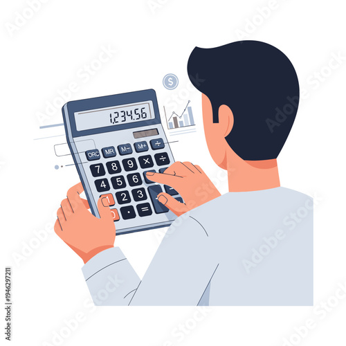 Man calculating with calculator, finance and accounting concept, business growth graph