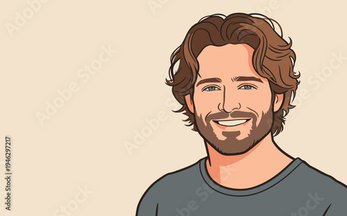 A man stands and smiles with medium length hair and a beard. He wears a casual shirt and looks friendly against a simple backdrop.
