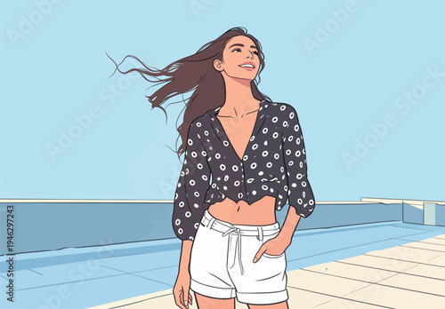 A woman enjoys the sunlight outdoors on a rooftop, with her hair blowing in the wind. She wears a stylish outfit and smiles.