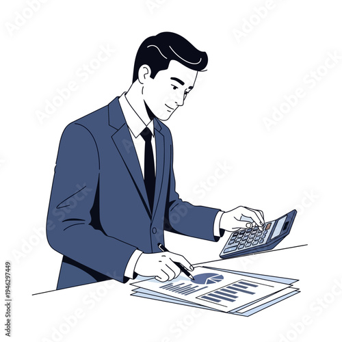 Accountant man calculating financial data with calculator and charts
