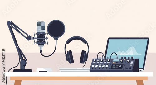 Modern Podcasting Equipment on Desk with Boom Microphone and Sound Mixer – Content Creator Studio Vector