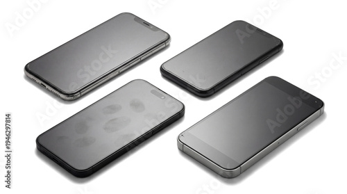 Φωτογραφία four smartphones with smudged screens are arranged in a diamond pattern against a transparent background, shot from a high angle